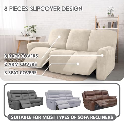 ULTICOR Velvet 8-Pieces Recliner Sofa Covers Stretch Reclining Couch Covers for 3 Cushion Reclining Sofa Slipcovers Furniture Covers Thick Soft Washable (3 Seater Recliner Cover, White) - Image 2