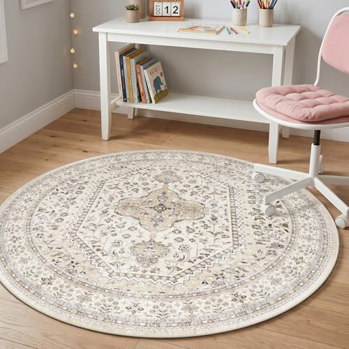 Puino 5Ft Round Rug Washable: Non-Slip Living Room Circle Throw Rugs - Image 3