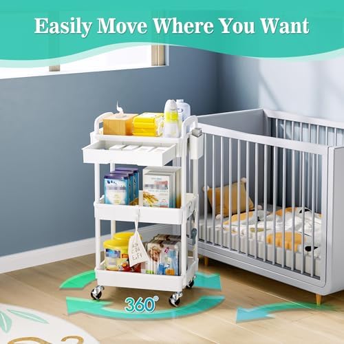 SUNALLY 3 Tier Rolling Cart with Drawer, Craft Storage Cart Organizer,White - Image 5