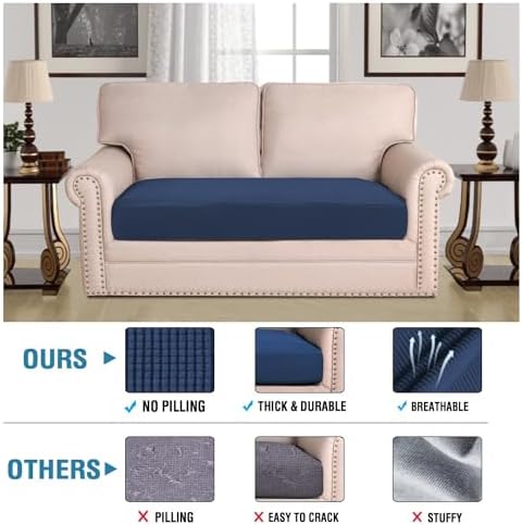 H.VERSAILTEX Super Stretch Individual Seat Cushion Covers Sofa Covers Couch Cushion Covers Slipcover Sets Thick Jacquard Textured Twill Fabric (1 Piece Loveseat Cushion Cover, Navy) - Image 2