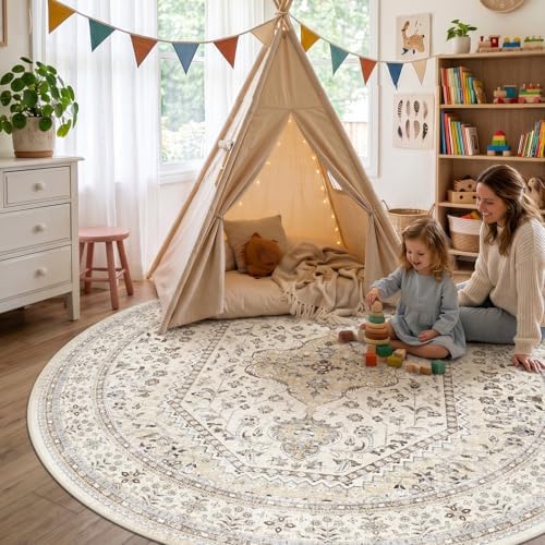 Puino 8Ft Round Rug Washable: Non-Slip Boho Living Room Circle Area Rugs - Image 3