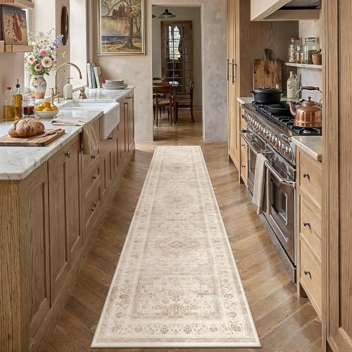 2'6x10 Beige Washable Runner Rug Non Slip Vintage Carpet - Image 3