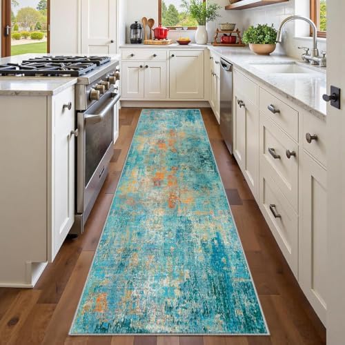 RELEANY Washable Runner 2'x6' Abstract Area Rug for Hallway Teal Multi - Image 3