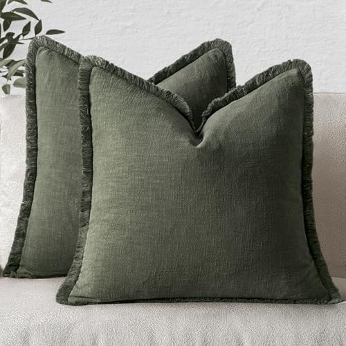 MIULEE Boho Linen Fringe Decorative Throw Pillow Covers Rifle Green 20x20 by MIULEE
