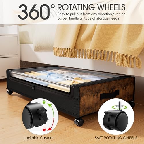 Yecaye Under Bed Storage with Wheels, 4 Pack Under Bed Storage Containers, Underbed Shoe Storage Organizer, Rolling Under Bed Metal Drawers for Clothes, Blankets, Brown - Image 4