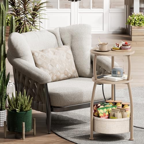 Side Table with Charging Station, Small Round End Table with Basket - Image 7