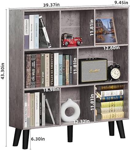 LEYAOYAO 8 Cube Bookshelf,Mid-Century Modern Bookcase with Legs,Dirty Grey - Image 2