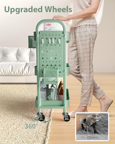 ALVOROG 3 Tier Metal Rolling Utility Cart with Pegboards,Baskets,Hook,Green - Image 4