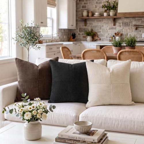 Fancy Homi 2 Packs Black Samll Decorative Throw Pillow Covers 14x14 Inch with for Couch Bed Sofa, Rustic Farmhouse Boho Home Decor, Soft Corss Patchwork Corduroy Square Cushion Case 35x35 cm - Image 2