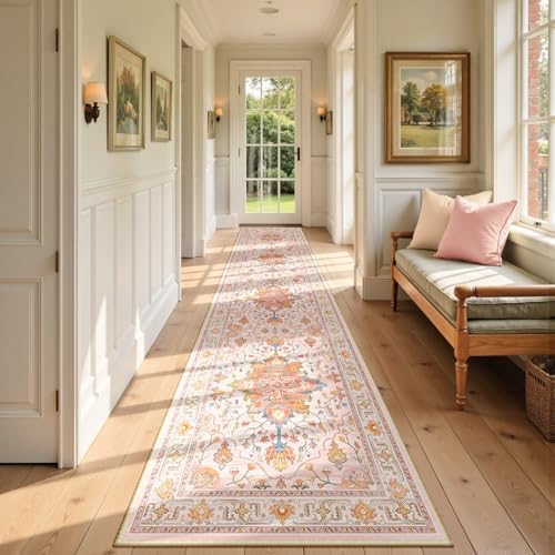 RELEANY Washable Area Rug, Runner 2'6"x14', Pink/Light Pink/Colorful by RELEANY