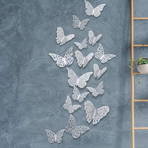 Bememo 72 Pcs 3D Butterfly Wall Decals, 3 Sizes,Silver | Metallic Hollow Design for Bedroom Living Room, Removable Adhesive Wall Decor, Easy Peel Stick Party Decoration Stickers - Image 6