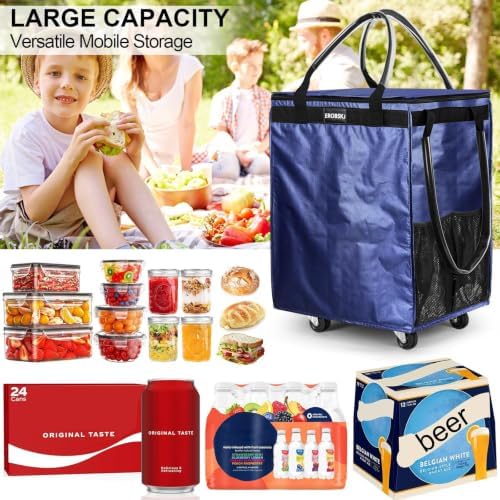(Medium, Navy) Reusable Grocery Bag on Wheels, 70L Foldable Rolling Tote, Extra Storage for Shopping, Zipper Clouser Shopping Carts for Groceries, Laundry, Organization, Moving,4 Heavy Duty Wheels - Image 4