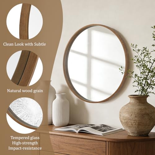 WallBeyond Wood Round Mirror with Wood Frame 24 inch Circle Wall Mirror for Bathroom Round Wall Mirror for Wall Decor, Vanity, Entryway Living Room (Walnut) - Image 5