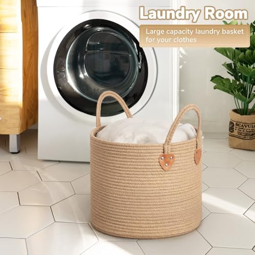 CHICVITA Jute Wicker Storage Basket with Leather Handles, 14" x 12"，Jute - Image 2