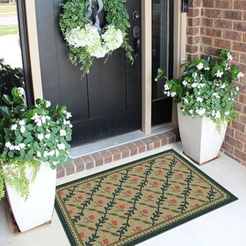 Front Door Mat Outside Entrance, 2x3 Green Brown Floral Trellis Rug - Image 4