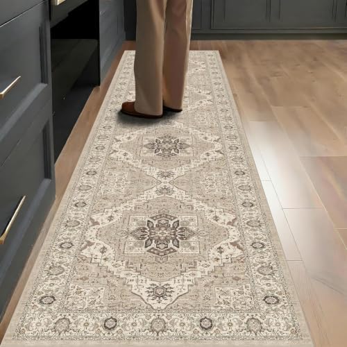 Washable 2x8 Entryway Runner Rugs, Vintage Non-Slip Low Pile Rugs Beige - Image 3