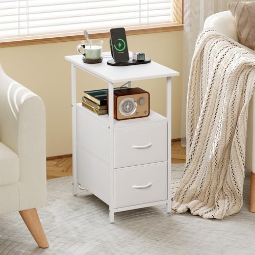 Somdot Narrow End Table with Charging Station, 2 Drawers, Slim Side Table - Image 6