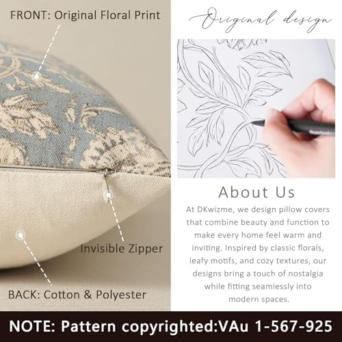 Vintage Floral Print Throw Pillow Covers 16x16 Set of 2 Neutral Modern Farmhouse Pillowcases Accent Decorative Cushion Covers Boho Home Decor for Couch Sofa Chair Bed Living Room, Sky Blue - Image 3