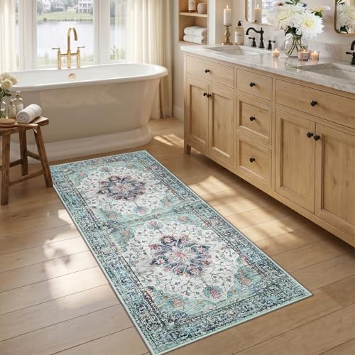RELEANY Washable Area Rug, Runner 2'6"x5', Teal Green/White/Navy by RELEANY