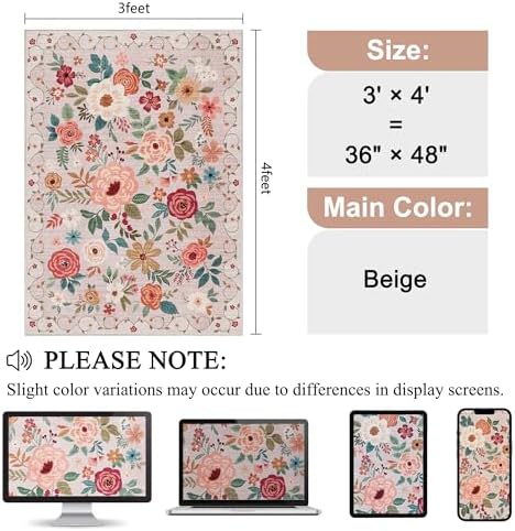 DUKINO 3x4 Area Rug, Floral Washable Rug for Kitchen Non Slip, Beige - Image 2