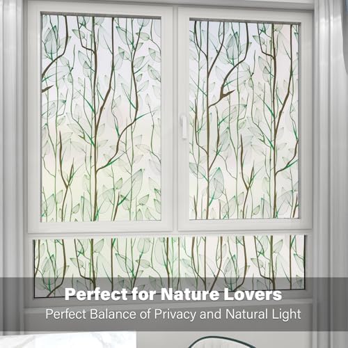 Donox Frosted Glass Window Film Heat Control UV Blocking, Static Cling Reusable Home Bathroom Door Window Privacy Film, Green Leaf Pattern Window Covering with Installation Tool, 23.6 in x 13.1 feet - Image 3