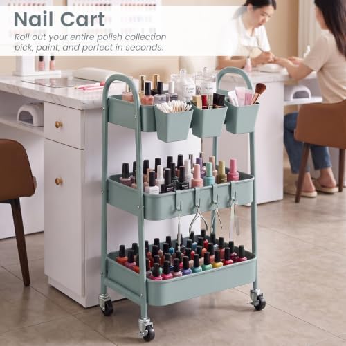 danpinera 3-Tier Rolling Cart, Utility Cart Mobile Metal Rolling Storage Cart with Lockable Wheels & Hanging Cups & Hooks for Kitchen, Bathroom, Office, Workshop, Gray Blue - Image 5
