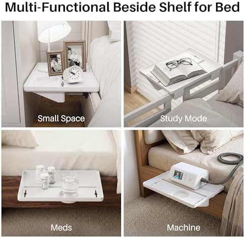 JOYMOOP Clip-On Bedside Shelf for Bunk Beds, Dorm Room Essentials, Bedside Caddy, No-Tool Install Bed Side Table Storage for Loft, Platform Beds, Nightstand Caddy for Phone, Glasses, Book (White) - Image 6
