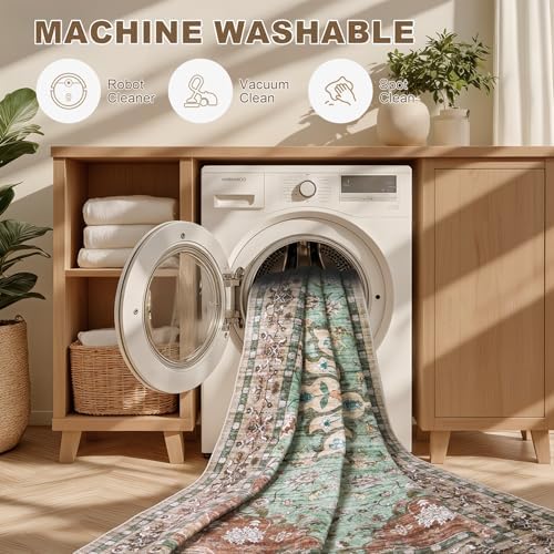 Round Area Rug for Living Room: 8ft Boho Washable Rug Brown Green - Image 7