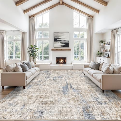 10x14 Large Rug Living Room – Washable Neutral Modern Abstract Rug for Bedroom Dining Room Home Office – Soft Thin Low Pile Non-Slip Big Carpet (Blue Brown) by ZHXXUJ