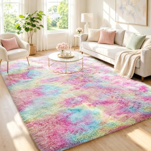Ophanie Rainbow Colorful Rugs for Living Room 5x8, Unicorn Fluffy Shag Fuzzy Plush Soft Carpets, Floor Shaggy Area Rugs for Bedroom, Carpet for Kids Girls Dorm Nursery Home Decor Aesthetic by Ophanie