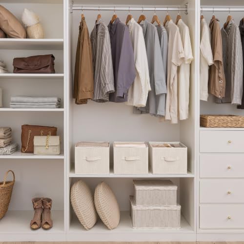 StorageWorks Shelf Organizer Bins, Beige Stripes, 3-Pack, Large - Image 2