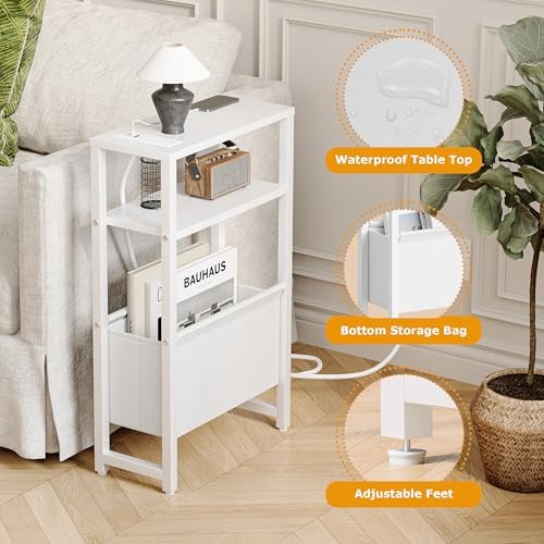 Narrow Side Table with Charging Station Slim End Table Sofa with Magazine Rack, Bedside Table for Small Spaces, 3 Tier Nightstand for Living Room Couch, Bedroom White LET503WE - Image 6