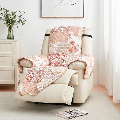 Great Bay Home Reversible Patchwork Recliner Cover - Washable Slipcover Furniture Protector with Elastic Straps - Perfect for Kids & Pets - Box-Stitched Detail (Dusty Rose) by GreatBayHome