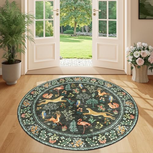 DUKINO 4ft Round Rug, Washable Animal Small Round Area Rug Non Slip, Black by DUKINO