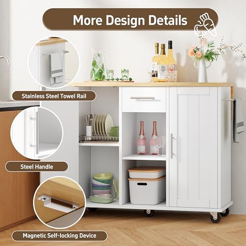 Shintenchi Kitchen Island with Storage, Bar Cart Cabinet Island Table on Wheels, Rolling Microwave Cart for Kitchen with Drop Leaf, Drawers, Towel Rack, Seating Area for Dining Room, White - Image 4