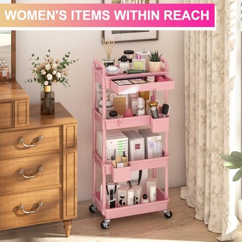 Goovilla 4 Tier Rolling Utility Cart Organizer with Removable Drawer, Pink - Image 5