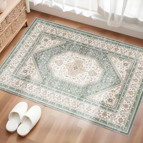 2x3 Washable Entryway Area Rug - Non-Slip Boho Throw Rugs Green Beige by Puino