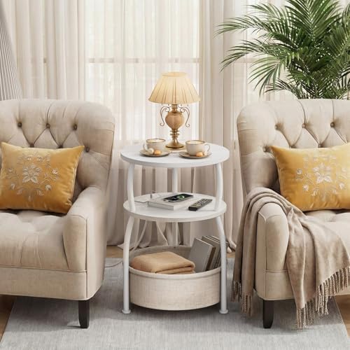 Round Side Table with Charging Station, USB Type C Port, White - Image 2