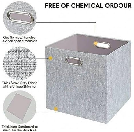 Posprica 3X Thicker Fabric Storage Cubes 13 inch Collapsible Storage Bins for Organization, Cubby Storage Baskets for Organizing Shelf Cabinet Bookcase Boxes, Set of 4, Silver Grey - Image 4
