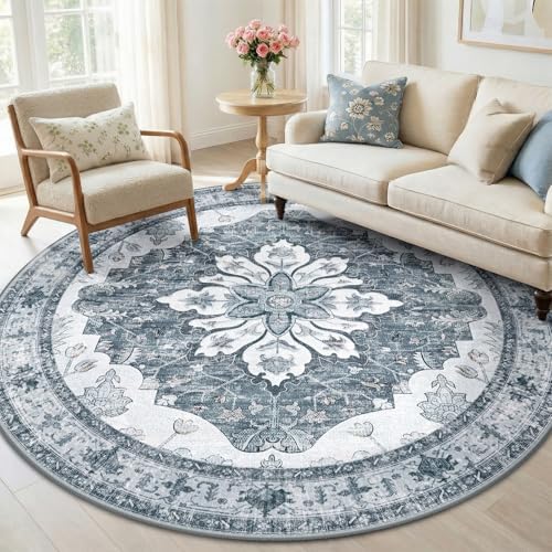 RELEANY Washable Area Rug, Round 6ft, Grey/White/Beige by RELEANY