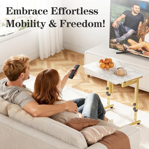 Folding tv Tray Dinner Snack Table,6 Height Adjustable Slide Under Couch Side Table, Portable Small Foldable C-Shaped End Table for Eating with Sturdy MDF Top,No Assembly(White Marble+Gold) - Image 6