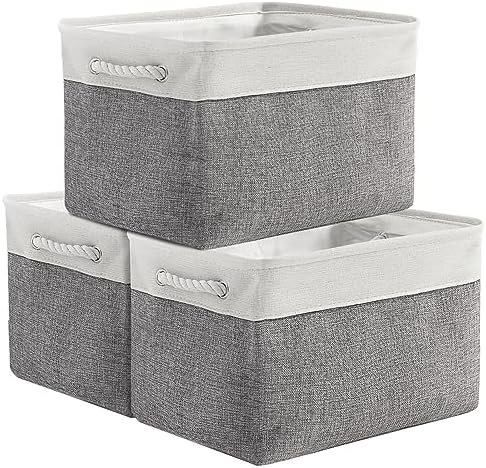 TheWarmHome Organization and Storage Basket for Organizing - 3 Pack 16x12x12 inch Cube Storage Bin Fabric Storage Cubes for Organizer Cloth Gift Toy Closet (White & Grey) by TheWarmHome