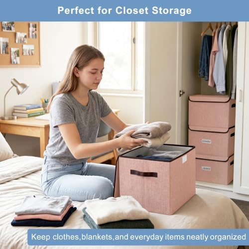 Bagnizer Linen Fabric Foldable Storage Cube Bin Organizer Basket with Flip-Top Lid & Handles, Large Clothes Blanket Box for Home, Office, Closet, Pink, 4 Pack 14.6 x 9.5 x 9.5” - Image 3
