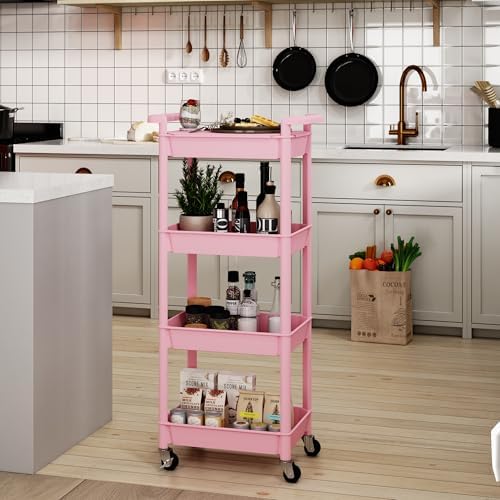 STEEHOOM Utility cart with Tabletop 4 Tier Rolling Cart Organizer with Wheels Movable Storage Cart for Office, Living Room, Kitchen, Craft Room, Pink - Image 4
