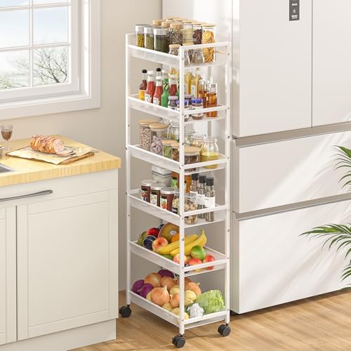 6 Tier Slim Rolling Storage Cart, Narrow Mobile Shelving Unit Organizer Utility Cart with Wheels, Metal Wire Storage Rack with Baskets for Kitchen, Bathroom, Laundry & Living Room, 10in(W) White - Image 4
