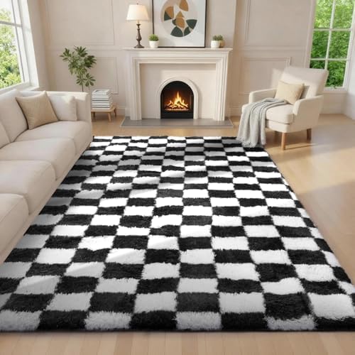 Ophanie Checkered Black & White Rug for Living Room Bedroom,Fluffy Soft Cute Fuzzy Area Rugs,Shag Plush Shaggy Bedside Floor 6x9 Furry Carpet Kids Baby Teen Dorm Decor with Over 99 pcs Pile fibers by Ophanie