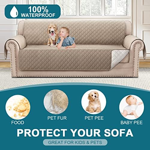 Turquoize 100% Waterproof Couch Covers for 3 Cushion Sofa Pet Friendly Cover for Dogs Washable Couch Protector Triple Non-Slip Furniture Cover for Pets, Kids (Sofa 70", Khaki) - Image 2