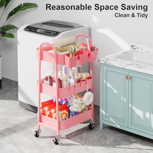 3 Tier Metal Rolling Cart with Lockable Wheels and Handle,Three Tiered Cart - Image 4