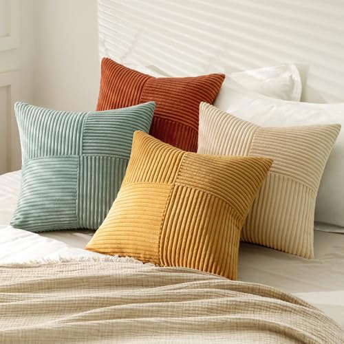 MIULEE Fall Teal-Orange Decorative Throw Pillow Covers 20x20 Inch Set of 4 Boho Corduroy Striped Cushion Cases Modern Farmhouse Patchwork Pillow Cases for Couch Sofa Bedroom Home Decor - Image 4