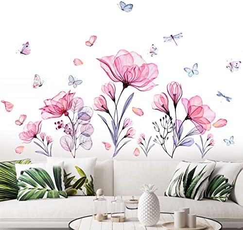 Pink Flowers Wall Decals Removable Butterflies Floral Flowerl Wall Stickers DIY Vinyl Self Adhesive Wall Mural for Nursery TV Background Kids Gilrs Rooms Bedroom Decoration - Image 2